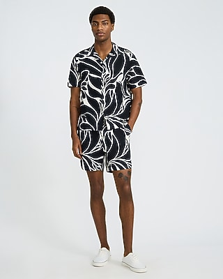 Abstract Contrast Linen-Blend Short Sleeve Shirt