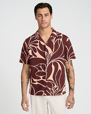 Abstract Contrast Linen-Blend Short Sleeve Shirt