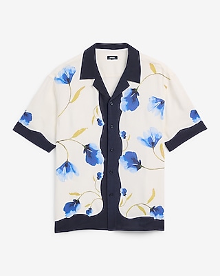 Floral Abstract Bordered Rayon Short Sleeve Shirt