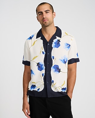 Floral Abstract Bordered Rayon Short Sleeve Shirt