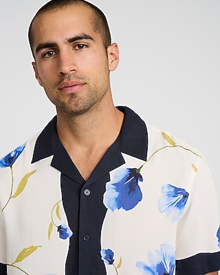 Floral Abstract Bordered Rayon Short Sleeve Shirt