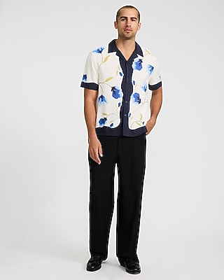 Floral Abstract Bordered Rayon Short Sleeve Shirt