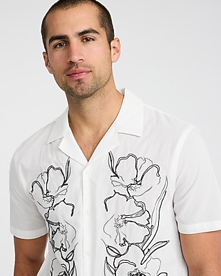 Embroidered Contrast Floral Cotton Ivory Short Sleeve Shirt
