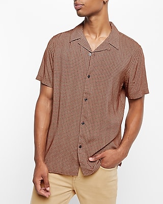 Mini Geo Print Rayon Short Sleeve Shirt Brown Men's XS