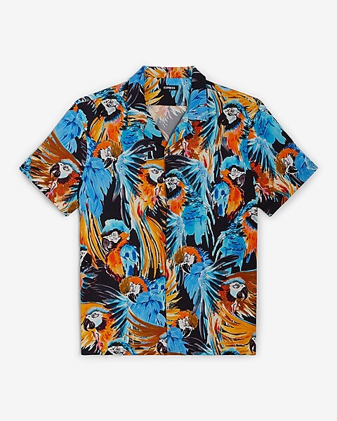 Express Parrot Print Rayon Short Sleeve Shirt Men's