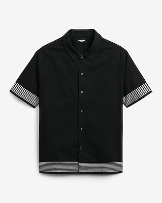 Embroidered Striped Linen-blend Short Sleeve Shirt