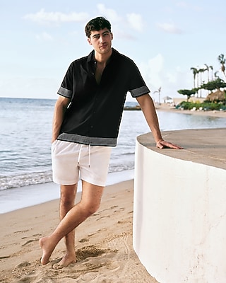 Embroidered Striped Linen-blend Short Sleeve Shirt