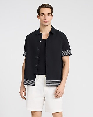 Embroidered Striped Linen-blend Short Sleeve Shirt