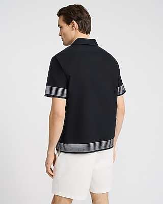 Embroidered Striped Linen-blend Short Sleeve Shirt