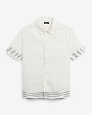 Embroidered Striped Linen-blend Short Sleeve Shirt - image 5