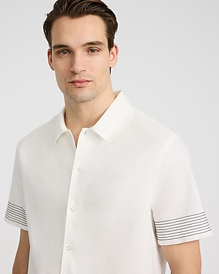Embroidered Striped Linen-blend Short Sleeve Shirt - image 2