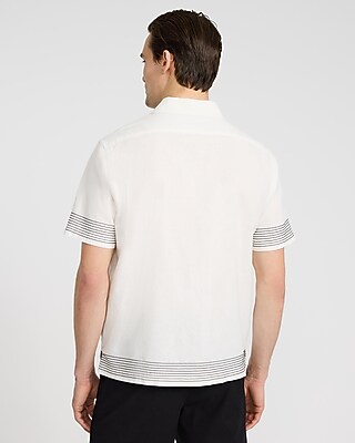 Embroidered Striped Linen-blend Short Sleeve Shirt - image 3