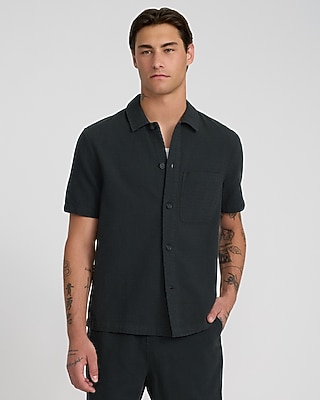 Waffle Textured Cotton Short Sleeve Shirt