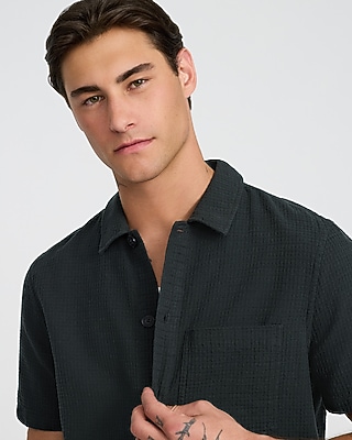 Waffle Textured Cotton Short Sleeve Shirt