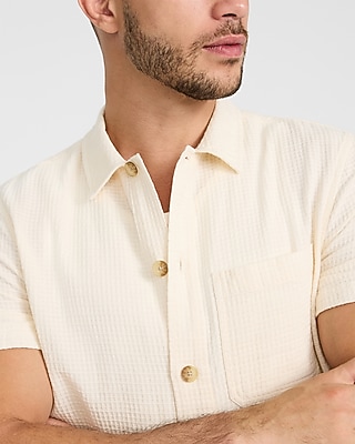 Waffle Textured Cotton Short Sleeve Shirt
