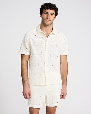 Textured Embroidered Patchwork Cotton Short Sleeve Shirt