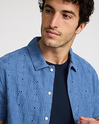 Textured Embroidered Patchwork Cotton Short Sleeve Shirt