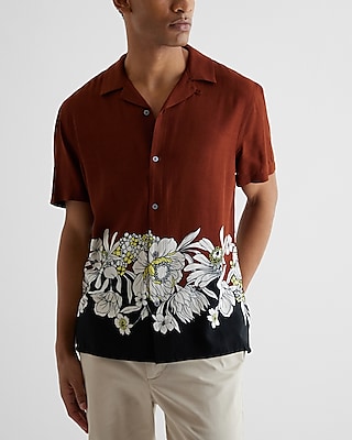 Sketched Floral Print Rayon Short Sleeve Shirt | Express