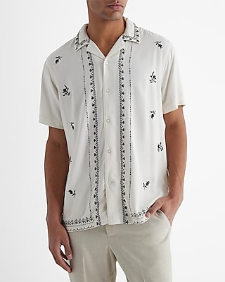 Embroidered Rayon Short Sleeve Shirt White Men