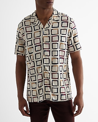 Square Print Rayon Short Sleeve Shirt