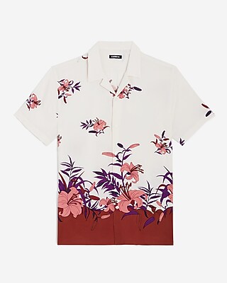 Border Floral Print Rayon Short Sleeve Shirt | Express