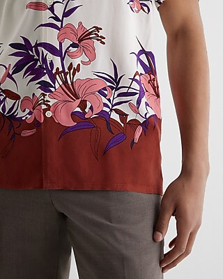 Border Floral Print Rayon Short Sleeve Shirt | Express