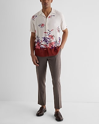 Border Floral Print Rayon Short Sleeve Shirt | Express