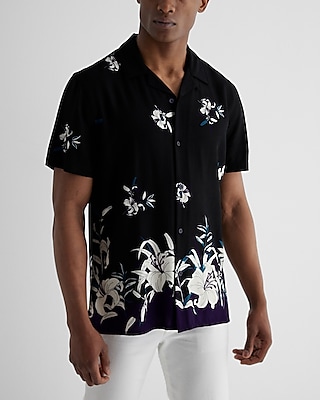 Border Floral Print Rayon Short Sleeve Shirt