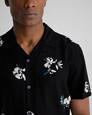 Border Floral Print Rayon Short Sleeve Shirt