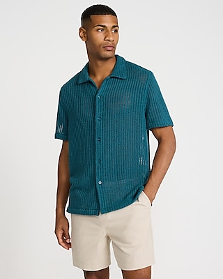 Textured Open Knit Short Sleeve Shirt