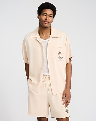 まっち Palm Tree Camp Collar Rayon Short Sleeve Shirt | Express
