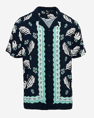 Bordered Palm Print Rayon Short Sleeve Shirt