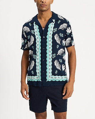 Bordered Palm Print Rayon Short Sleeve Shirt