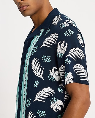 Bordered Palm Print Rayon Short Sleeve Shirt