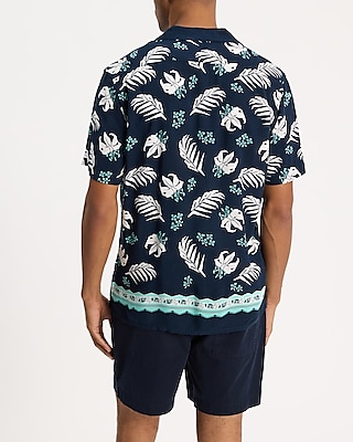 Bordered Palm Print Rayon Short Sleeve Shirt