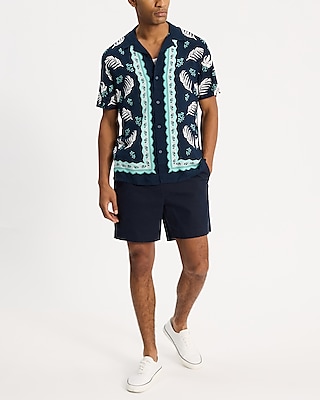 Bordered Palm Print Rayon Short Sleeve Shirt