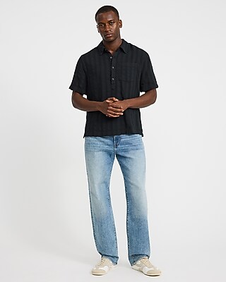 Textured Striped Heather Short Sleeve Popover Shirt