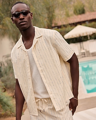 Textured Ticking Striped Cotton-Blend Short Sleeve Shirt