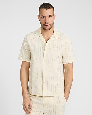 Textured Ticking Striped Cotton-Blend Short Sleeve Shirt