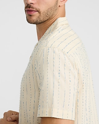 Textured Ticking Striped Cotton-Blend Short Sleeve Shirt
