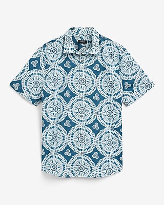 Textured Printed Cotton Stretch Short Sleeve Shirt