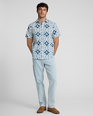 Textured Printed Cotton Stretch Short Sleeve Shirt
