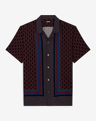 Bordered Geo Print Rayon Short Sleeve Shirt