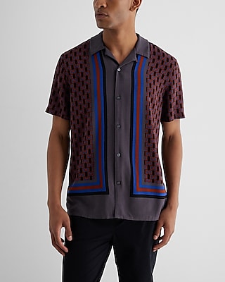 Bordered Geo Print Rayon Short Sleeve Shirt