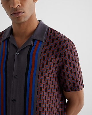 Bordered Geo Print Rayon Short Sleeve Shirt