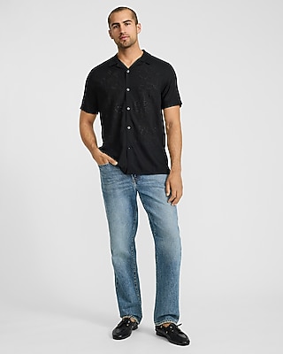 Embroidered Floral Black Short Sleeve Shirt