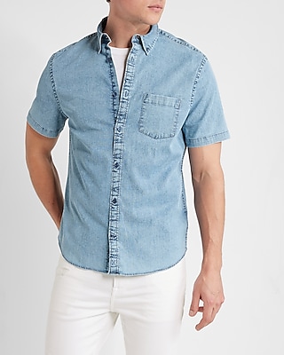 ★★ ★★ Men's Blue Tencel Short Sleeve Denim Sh Amazon.com: Men's Blue Denim Shirt Short-Sleeved Cotton