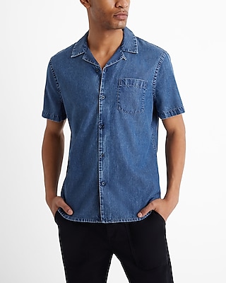 medium wash short sleeve denim shirt