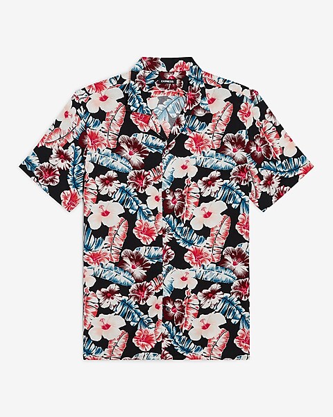 FN Store Shirt for Men, Tropical Leaf Printed Rayon Shirts for Men, Preppy Short Sleeves, Spread Collared Neck, Perfect for Outing, Beach