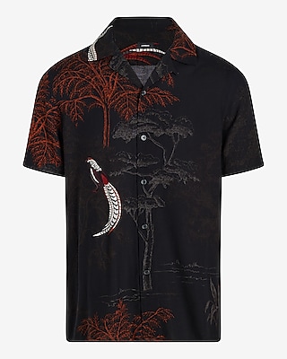 Bird & Tree Print Rayon Short Sleeve Shirt